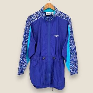 VTG Reebok Windbreaker Long Warm Up Jacket Blue Teal Swirl Print Women Medium